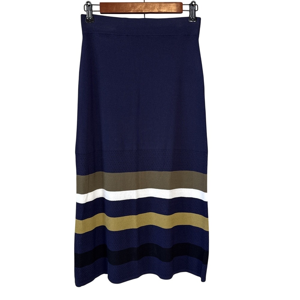Kenzo Paris Womens Striped Knit Midi Pencil Skirt Size S Navy Blue Tan White